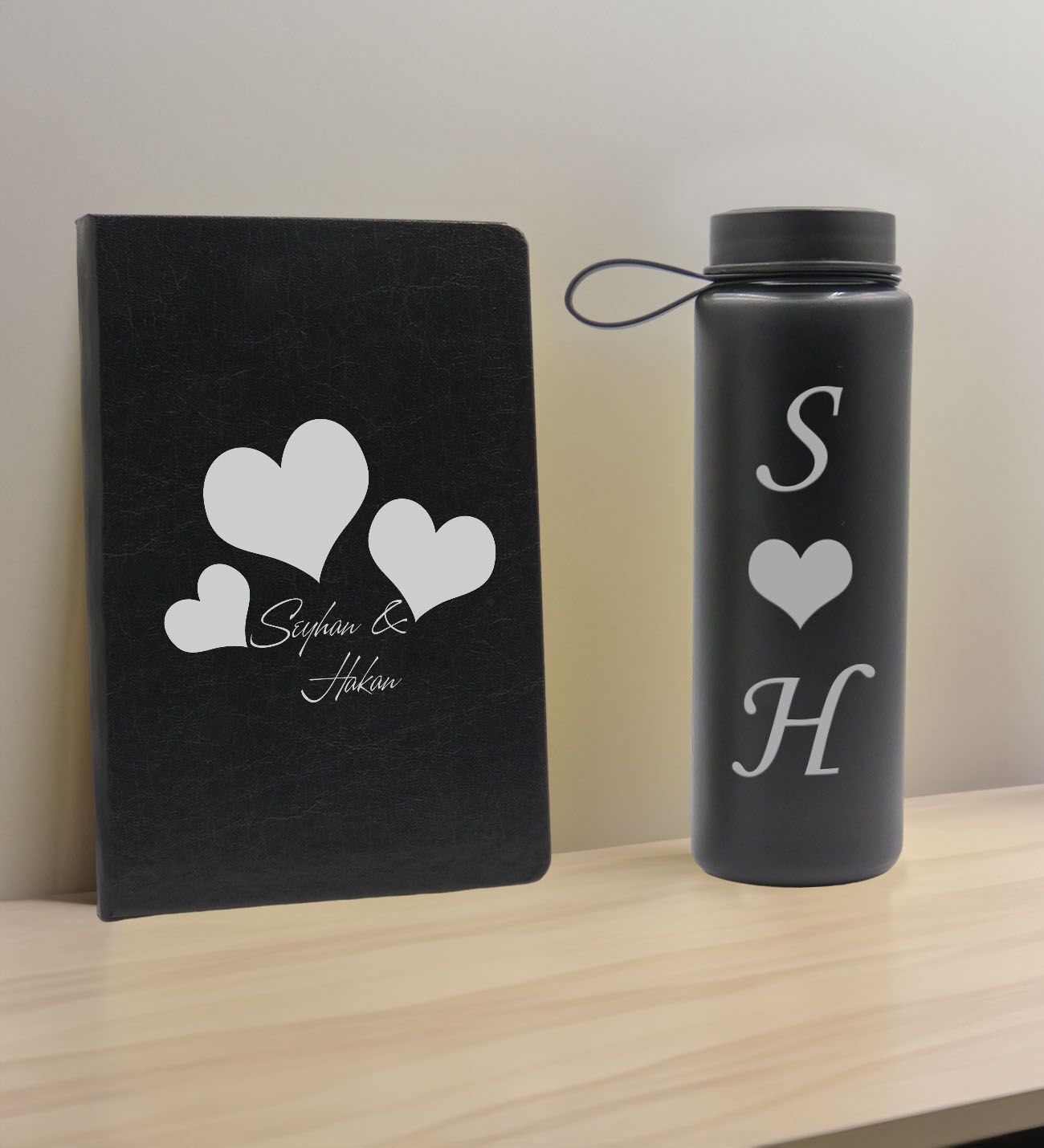 BK Gift Sevgiliye Özel İsimli Siyah Defter ve Cam Matara Hediye Seti-1, Sevgiliye Hediye, Sevgililer Günü, Yeni İş Hediyesi