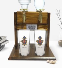 Kişiye Özel Renkli Baskılı İsimli İkili Rakı Bardağı ve Çift Musluklu Doğal Ahşap Rakı Standı-108
