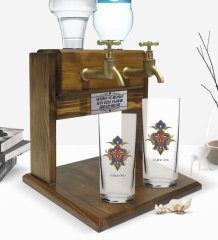 Kişiye Özel Renkli Baskılı İsimli İkili Rakı Bardağı ve Çift Musluklu Doğal Ahşap Rakı Standı-108