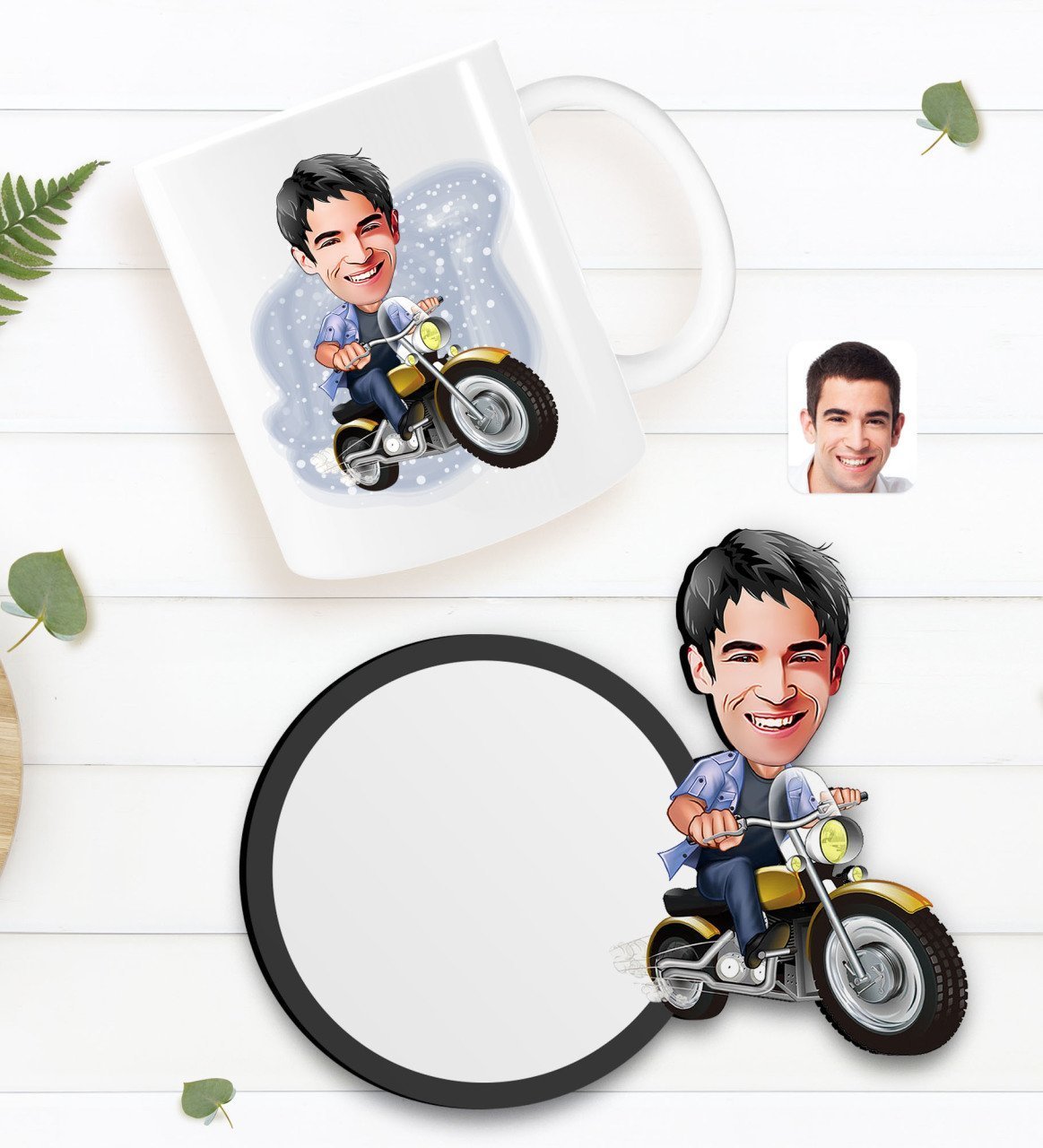 Kişiye Özel Erkek Motorcu Karikatürlü Beyaz Kupa ve Ahşap Bardak Altlığı Hediye Seti-1
