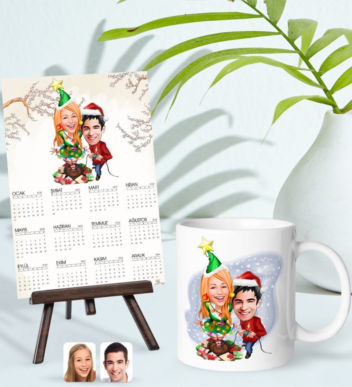 BK Gift Kişiye Özel Sevgililer Yılbaşı Karikatürlü Kupa Bardak ve 13x18cm Fotoğraf Kartlı Şövaleli 2023 Takvim Hediye Seti-1