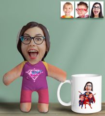 BK Gift Kişiye Özel Fotoğraflı Pembe Süper Anne Bebek Yastık ve Kupa Bardak Hediye Seti-3, Anneye Hediye, Anneler Günü Hediyeleri