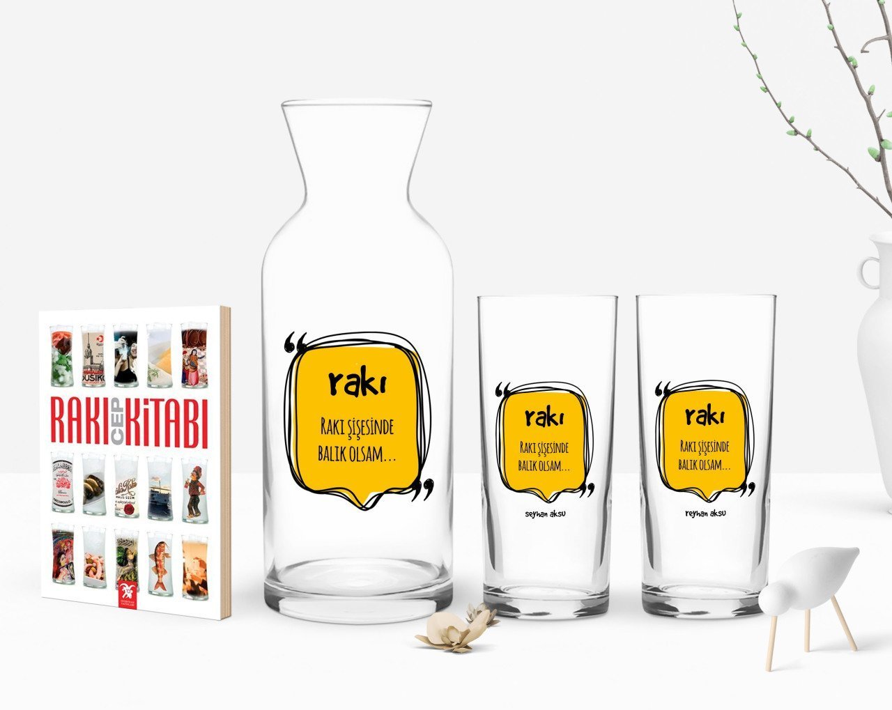Kişiye Özel Renkli Baskılı Rakı Şişesinde Balık Olsam Tasarımlı İkili Rakı Bardağı Karaf ve Cep Kitabı Hediye Seti-2