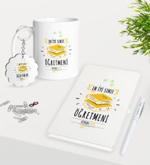 Kişiye Özel En İyi Sınıf Öğretmeni Kupa Anahtarlık Beyaz Defter Kalem Hediye Seti-6