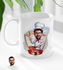 Kişiye Özel İsimli Erkek Chef Karikatürlü Beyaz Kupa Bardak-1