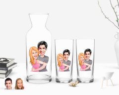 Kişiye Özel Renkli Baskılı Sevgililer Karikatürlü İkili Rakı Bardağı ve Karaf Hediye Seti-86
