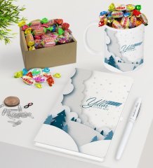 Kişiye Özel Yılbaşı Mutlu Yıllar Beyaz Defter Kalem Kupa ve Kutulu Haribo Şeker Hediye Seti-26