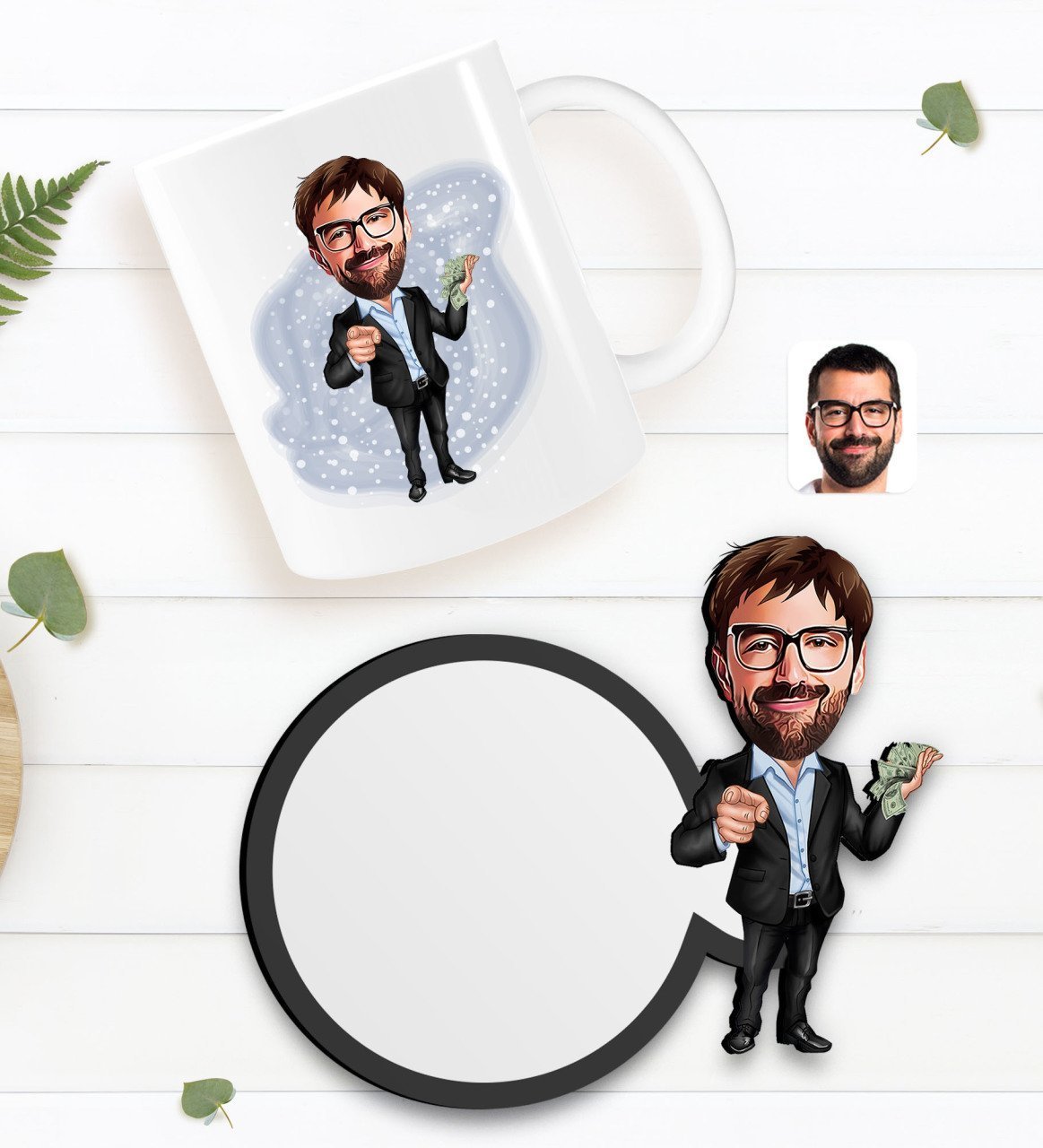 Kişiye Özel Erkek Milyoner Karikatürlü Beyaz Kupa ve Ahşap Bardak Altlığı Hediye Seti-1