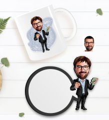 Kişiye Özel Erkek Milyoner Karikatürlü Beyaz Kupa ve Ahşap Bardak Altlığı Hediye Seti-1