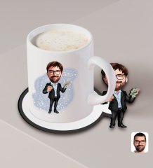 Kişiye Özel Erkek Milyoner Karikatürlü Beyaz Kupa ve Ahşap Bardak Altlığı Hediye Seti-1