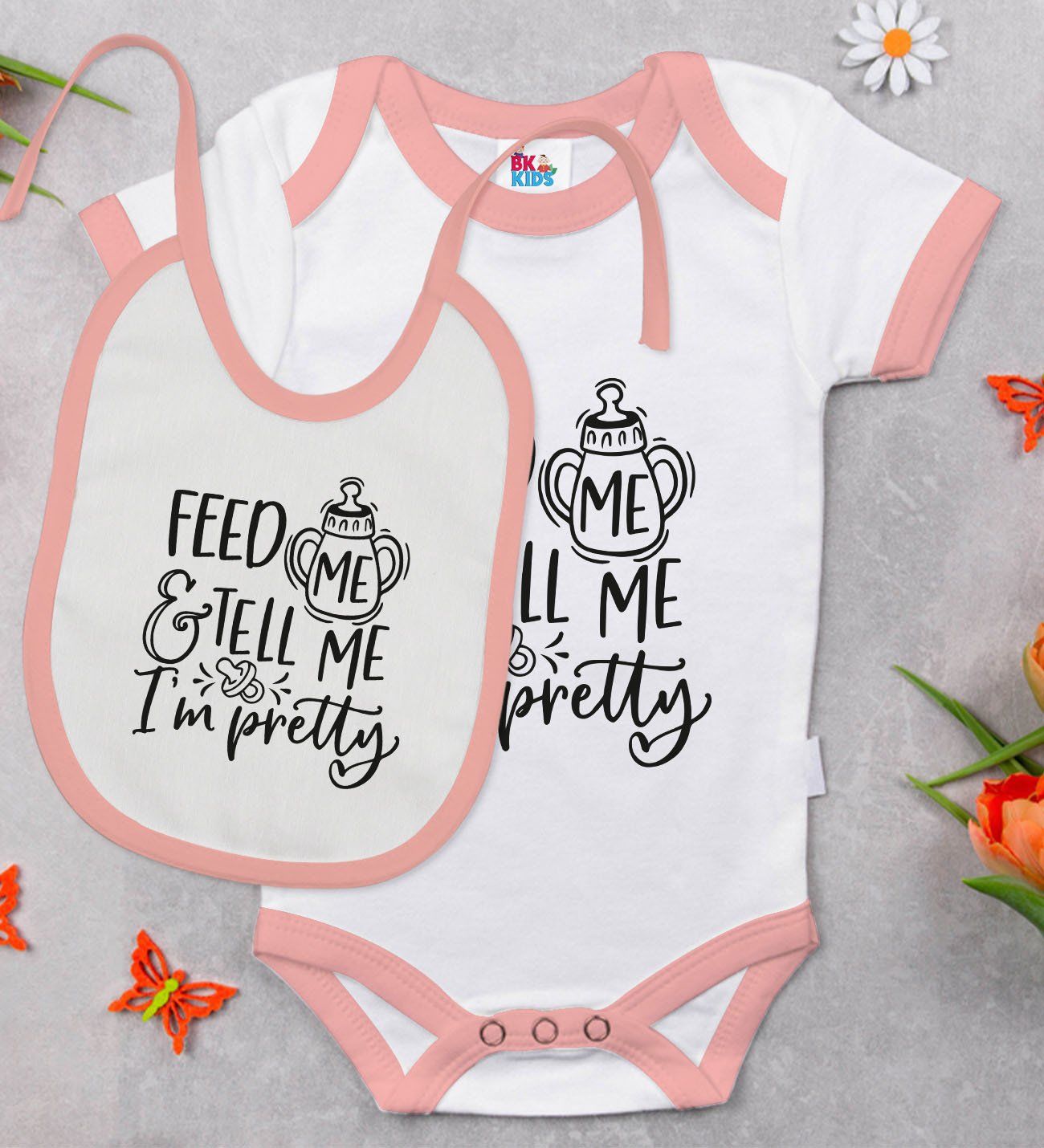 BK Kids I'm Pretty Tasarımlı Pembe Bebek Body Zıbın ve Mama Önlüğü Hediye Seti-1