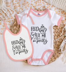 BK Kids I'm Pretty Tasarımlı Pembe Bebek Body Zıbın ve Mama Önlüğü Hediye Seti-1