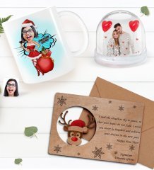 Kişiye Özel Fotoğraflı Kar Küresi & Happy New Year Kupa Bardak & Retro Ahşap Yılbaşı Tebrik Kartı Hediye Seti-10B