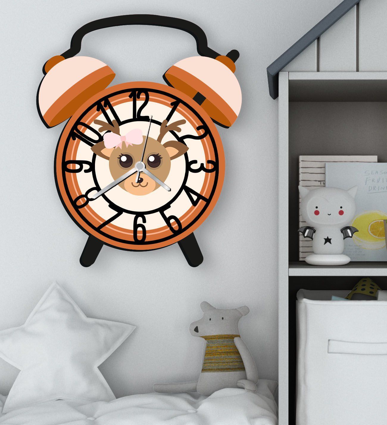 BK Gift Kişiye Özel Hayvan Figürlü Retro Çalar Saat Tasarımlı Kabartma Figürlü Ahşap Çocuk Duvar Saati-10, Ev Dekoru, Çocuk Odası Aksesuar