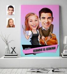 Kişiye Özel Aşçı Çift Karikatür Kanvas Tablo (70 x 100 cm.) 2