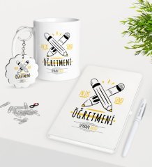Kişiye Özel En İyi Sınıf Öğretmeni Kupa Anahtarlık Beyaz Defter Kalem Hediye Seti-5