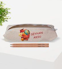 Çocuklara Özel İsimli Sınıflı Keten Okul Kalemliği ve Ahşap Kurşun Kalem Hediye Seti-1