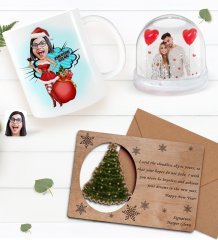 Kişiye Özel Fotoğraflı Kar Küresi & Happy New Year Kupa Bardak & Retro Ahşap Yılbaşı Tebrik Kartı Hediye Seti-10A