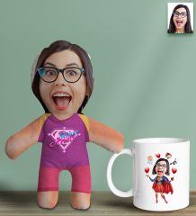 BK Gift Kişiye Özel Fotoğraflı Pembe Süper Anne Bebek Yastık ve Kupa Bardak Hediye Seti-1, Anneye Hediye, Anneler Günü Hediyeleri