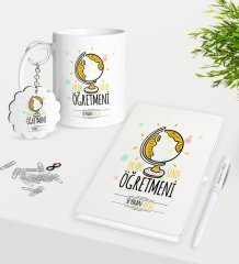 Kişiye Özel En İyi Sınıf Öğretmeni Kupa Anahtarlık Beyaz Defter Kalem Hediye Seti-4