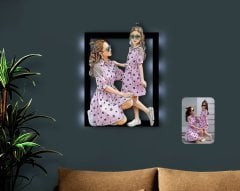 Kişiye Özel Tam Boy Anne ve Kız Karikatürlü 3D Led Işıklı Ahşap Tablo-1