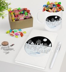 Kişiye Özel Yılbaşı Mutlu Yıllar Beyaz Defter Kalem Kupa ve Kutulu Haribo Şeker Hediye Seti-24