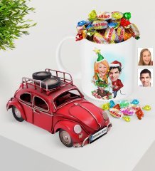 Kişiye Özel Yeni Yıl Sevgililer Karikatürlü Plakalı Nostaljik Kırmızı Metal Vosvos ve Kupa Haribo Şeker Seti-1