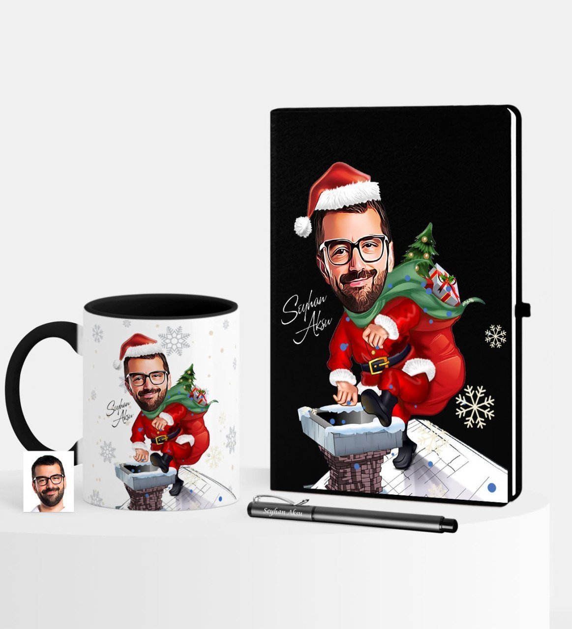 Kişiye Özel Yılbaşı Temalı Bay Karikatürlü Siyah Defter Kalem Kupa Seti - 3