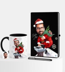 Kişiye Özel Yılbaşı Temalı Bay Karikatürlü Siyah Defter Kalem Kupa Seti - 3
