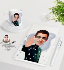 Kişiye Özel Matrix Neo Karikatürlü Beyaz Defter Kalem Türk Kahvesi Fincanı Seti-1
