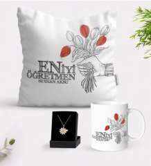 Kişiye Özel En İyi Öğretmen Beyaz Kupa Yastık ve İsimli Papatya Kolye Hediye Seti-7