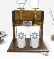 Kişiye Özel Renkli Baskılı İsimli İkili Rakı Bardağı ve Çift Musluklu Doğal Ahşap Rakı Standı-105