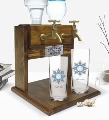 Kişiye Özel Renkli Baskılı İsimli İkili Rakı Bardağı ve Çift Musluklu Doğal Ahşap Rakı Standı-105