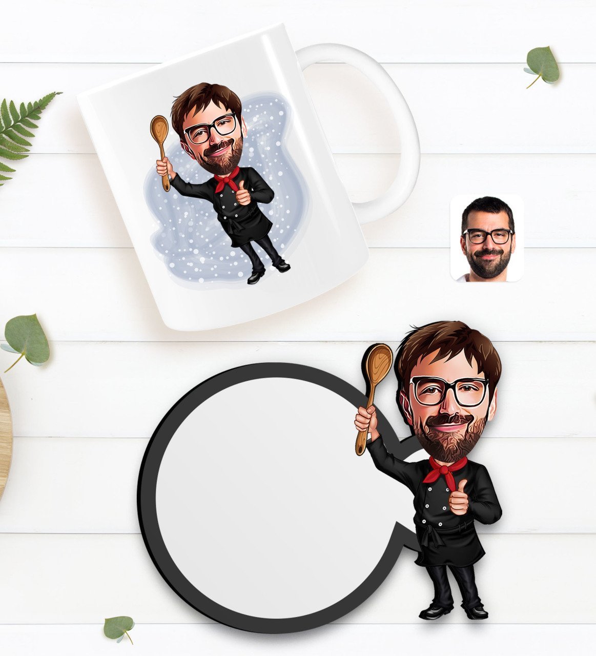 Kişiye Özel Erkek Master Chef Karikatürlü Beyaz Kupa ve Ahşap Bardak Altlığı Hediye Seti-1