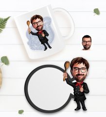 Kişiye Özel Erkek Master Chef Karikatürlü Beyaz Kupa ve Ahşap Bardak Altlığı Hediye Seti-1