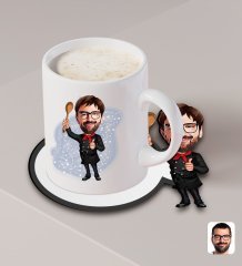 Kişiye Özel Erkek Master Chef Karikatürlü Beyaz Kupa ve Ahşap Bardak Altlığı Hediye Seti-1