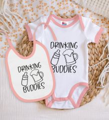 BK Kids Drinking Buddies Tasarımlı Pembe Bebek Body Zıbın ve Mama Önlüğü Hediye Seti-1