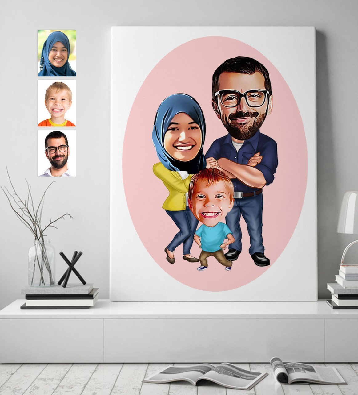 Kişiye Özel Aile Karikatürlü Kanvas Tablo (50 x 70 cm.) 1