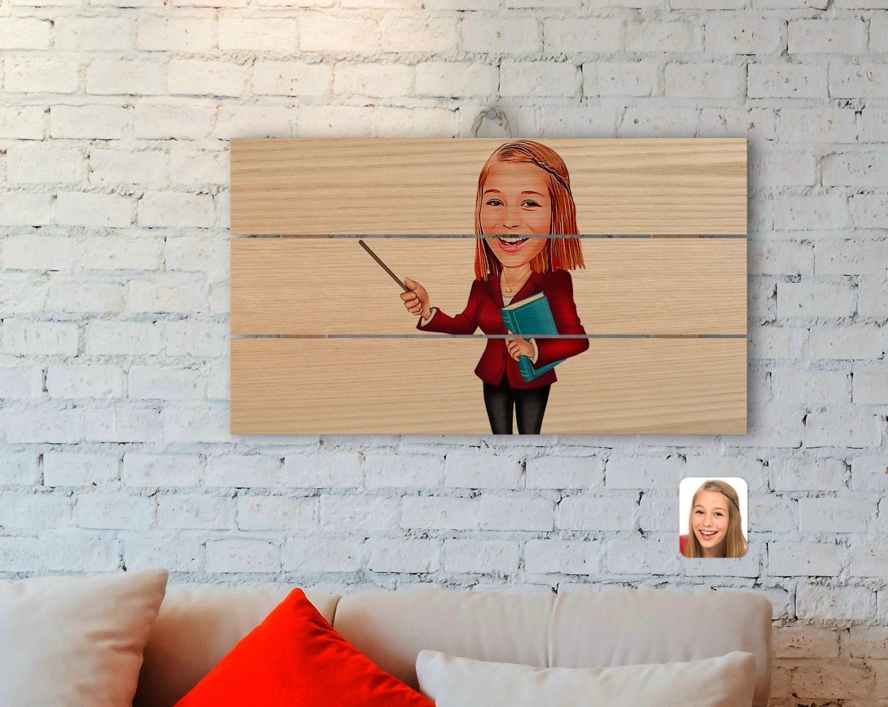 Kişiye Özel Kadın Öğretmen Karikatürlü Otantik Ahşap Palet Tablo-3