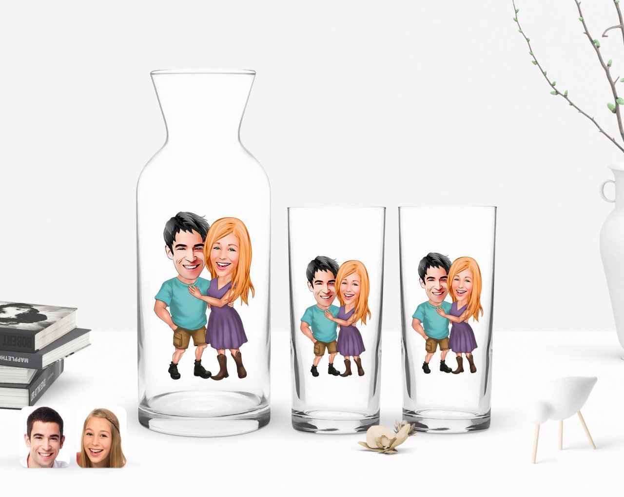 Kişiye Özel Renkli Baskılı Sevgililer Karikatürlü İkili Rakı Bardağı ve Karaf Hediye Seti-80