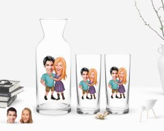 Kişiye Özel Renkli Baskılı Sevgililer Karikatürlü İkili Rakı Bardağı ve Karaf Hediye Seti-80