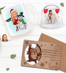Kişiye Özel Fotoğraflı Kar Küresi & Happy New Year Kupa Bardak & Retro Ahşap Yılbaşı Tebrik Kartı Hediye Seti-9C