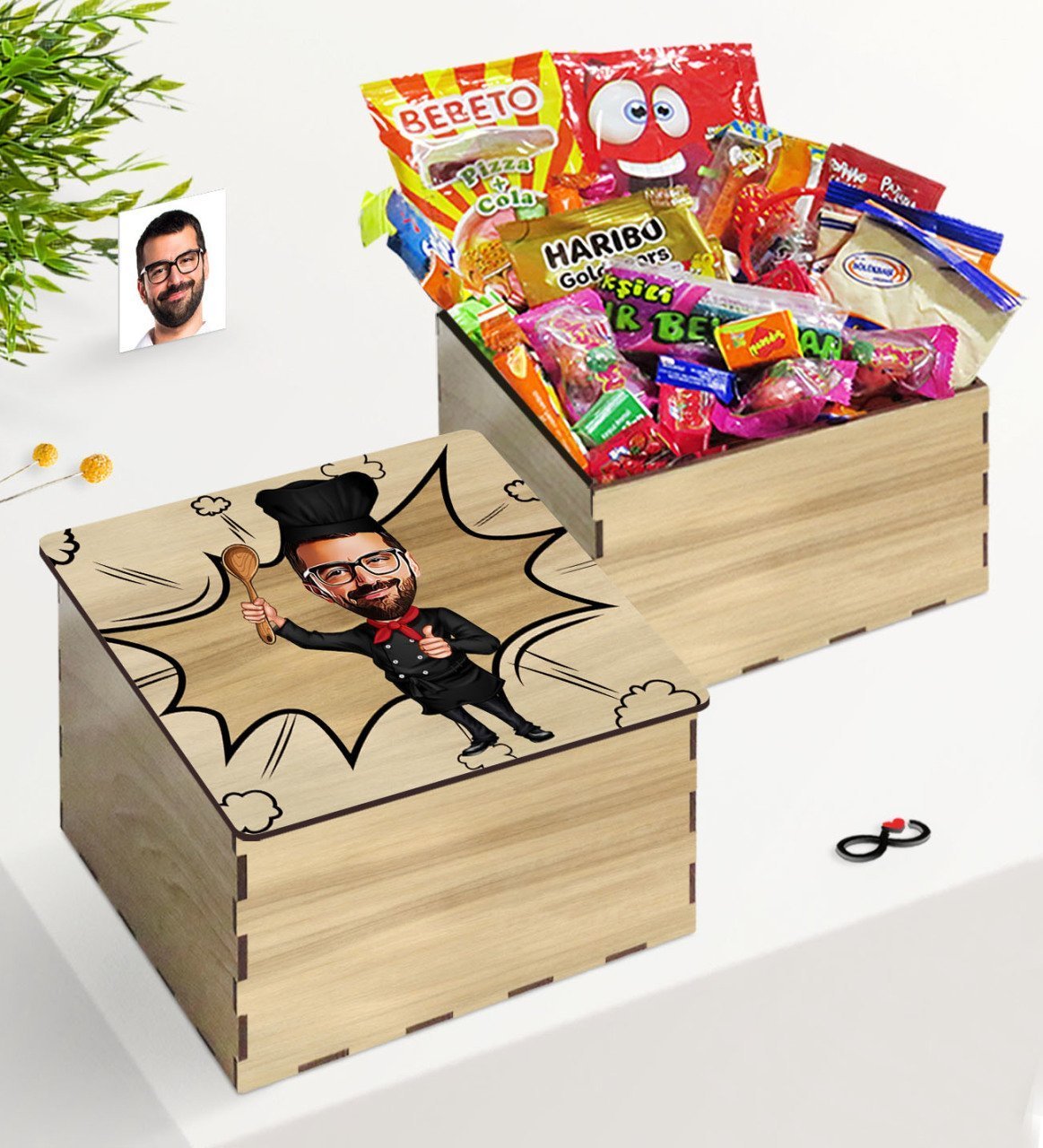 Kişiye Özel Ahşap Kutuda Bay Master Chef Karikatürlü Nostaljik Lezzetler Hediye Seti
