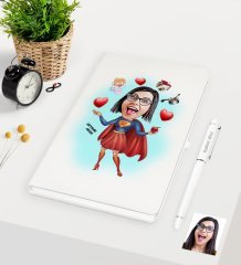Kişiye Özel Süper Anne Karikatürlü Beyaz Defter Kalem Seti