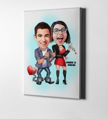 Kişiye Özel Sevgililer Karikatür Kanvas Tablo (50 x 70 cm.) 1