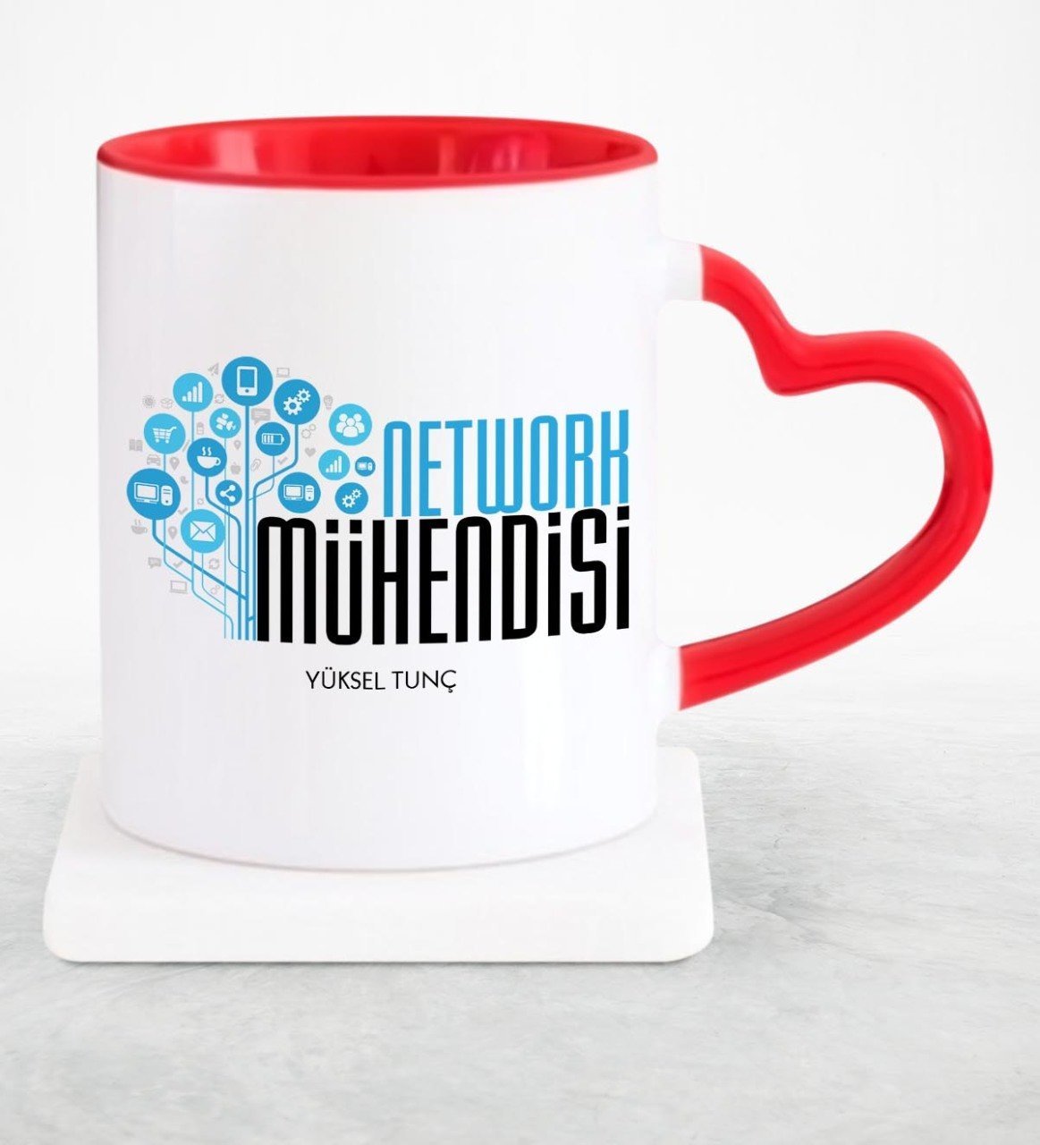 Kişiye Özel Mesleki Network Mühendisi Kırmızı Kalpli Kupa Bardak