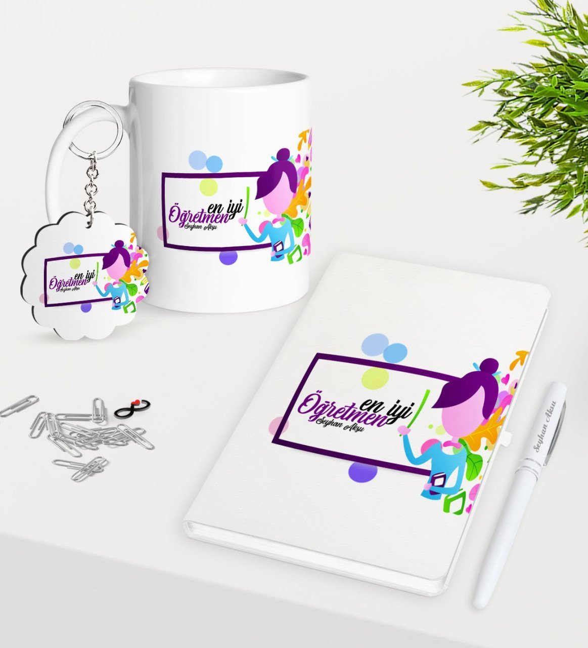 Kişiye Özel En İyi Öğretmeni Kupa Anahtarlık Beyaz Defter Kalem Hediye Seti-2