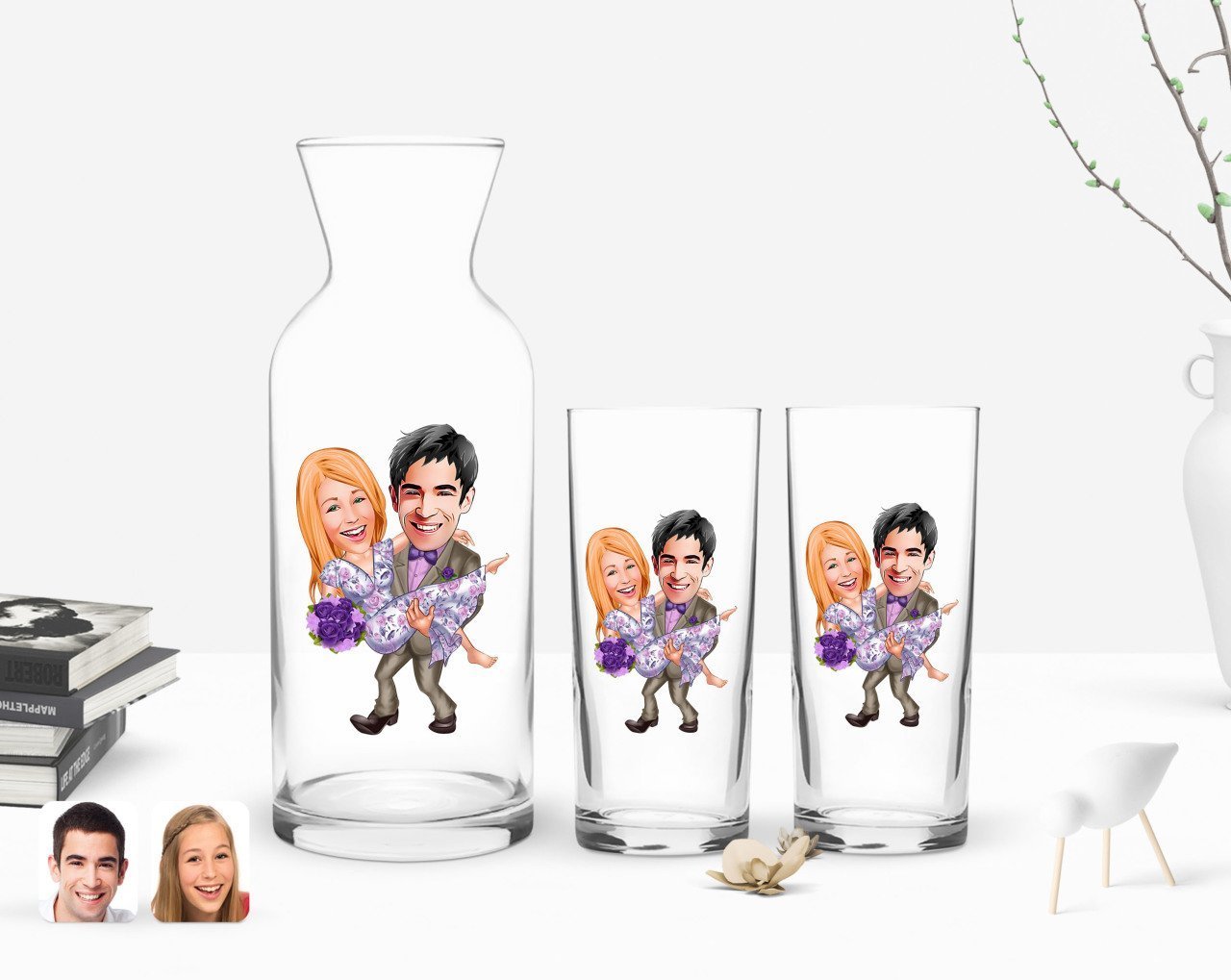 Kişiye Özel Renkli Baskılı Sevgililer Karikatürlü İkili Rakı Bardağı ve Karaf Hediye Seti-56