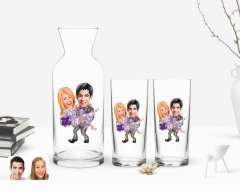 Kişiye Özel Renkli Baskılı Sevgililer Karikatürlü İkili Rakı Bardağı ve Karaf Hediye Seti-56