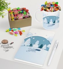 Kişiye Özel Yılbaşı Mutlu Yıllar Beyaz Defter Kalem Kupa ve Kutulu Haribo Şeker Hediye Seti-22
